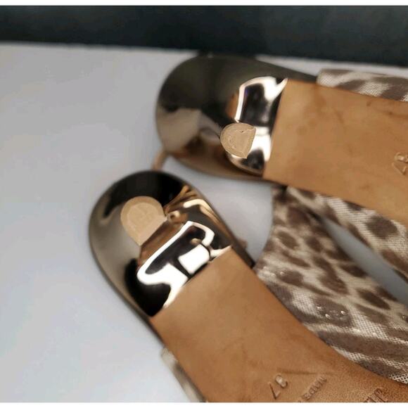 $695 JIMMY CHOO Nova Gold Leopard Shimmer Slingback Open Toe 4" Heels EU 37 US 7 - Picture 11 of 12